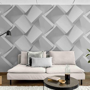 3D Geometric Wall Mural – Modern White and Gray Peel and Stick Cubes Wallpaper, Minimalist Textured Effect for Office, Living Room Decor