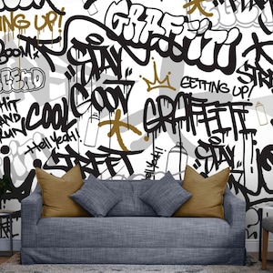 Urban Graffiti Wall Mural – Black White and Gold Street Art Wallpaper, Peel and Stick Wall Art for Teen Room or Game Room Decor