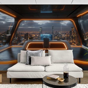 Futuristic Sci-Fi City Wall Mural – Cyberpunk Night Skyline Wallpaper for Gaming Room, Modern Office Accent Wall, Peel and Stick Decor
