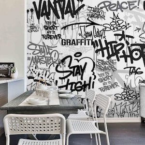 Graffiti wall mural, black and white hip hop wallpaper, peel and stick wall art, street art wallpaper for dining room wall graffiti print