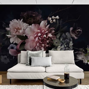 Dark Floral Wallpaper Mural – Peony and Lily, Large Vintage Flower Peel and Stick Self-Adhesive Wallpaper for Bedroom or Living Room Decor