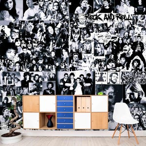 Rock and Roll Wallpaper Mural – Black and White Rock Music Collage Wall Art, Peel and Stick Wallpapers, Retro Band Decor for Music Lovers