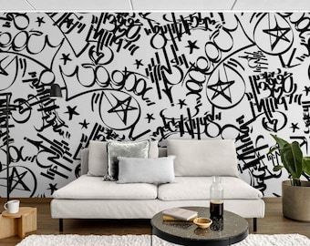 Black and White Graffiti Wallpaper Mural – Urban Peel and Stick Wall Covering