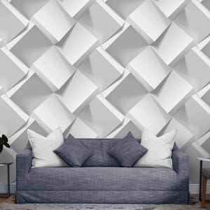 3D Geometric Wall Mural – Peel and Stick Cubes Wallpaper, Minimalist Textured Effect for Office, Living Room Decor, Modern White and Gray