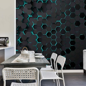 Neon 3D Wallpaper Mural - Hexagon with Blue Neon – Modern Geometric Wallpaper - Peel and Stick Vinyl for Game Room, Office or Living Space