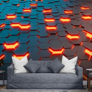 Futuristic Hexagon 3D Wallpaper Mural – Cyberpunk Peel and Stick Wall Art for Gaming Room or Office, Sci-Fi Glowing Wall Covering