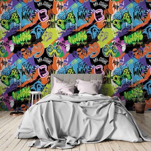 Graffiti Gamer Wallpaper Mural – Colorful Video Game Theme Wall Art for Kids or Teens, Peel and Stick Vinyl Mural for Game Room Decor