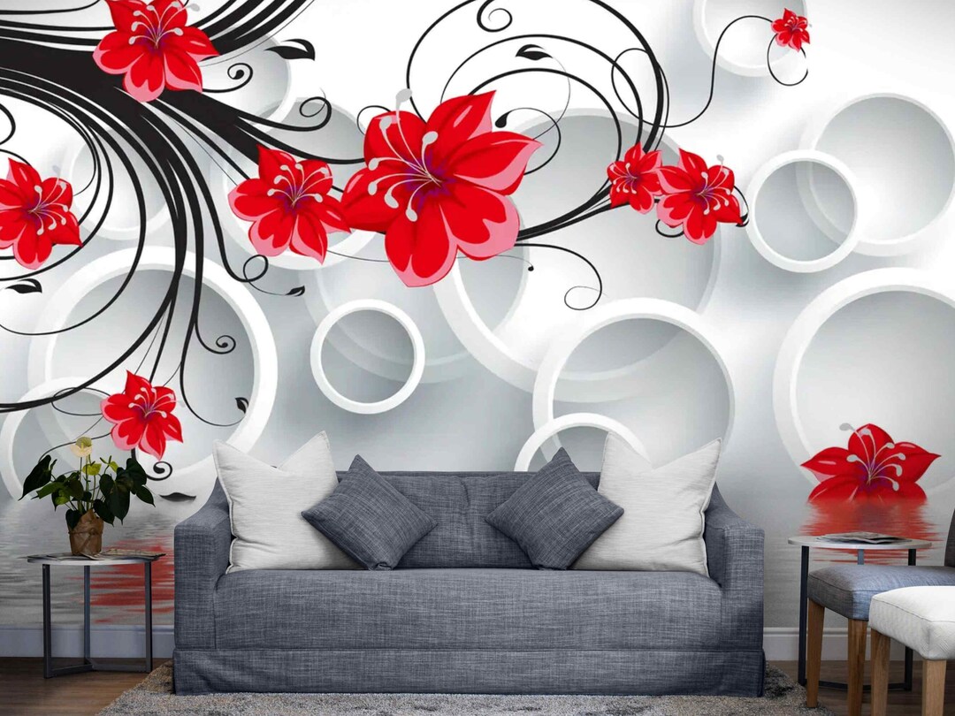 Modern Floral Wallpaper Mural – for Bedroom, Red Flower Vinyl Wall ...