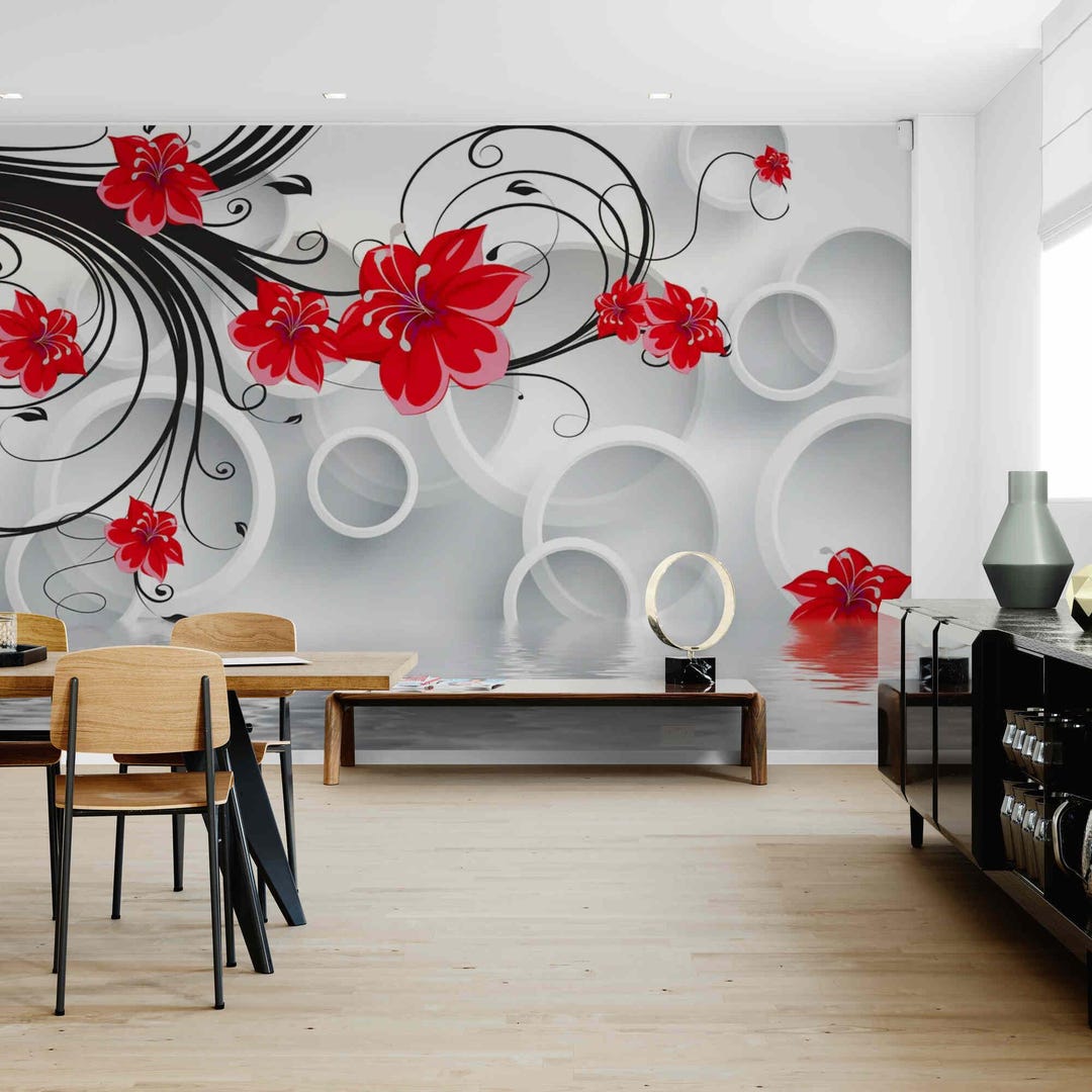 Modern 3D Red Floral Wallpaper Mural – Abstract Flower Wall Covering ...