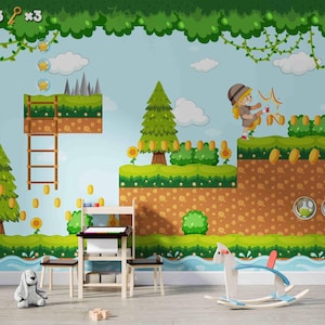 video gaming wallpaper, kids games wall mural - peel and stick mural, cartoon wallpapers for kids, baby room wall art, colorful wallpaper