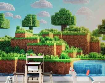 Gaming Pixel Art Wallpaper Peel and Stick Wall Mural, Kids Gamer Room Decor
