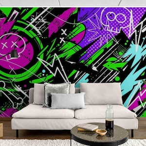 Neon Gaming Graffiti Wallpaper Mural - Colofful Gamer Wall Art for Teens or Playrooms, Peel and Stick Vinyl Wallpaper for Game Room Decor