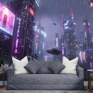 Cyberpunk Futuristic City Wallpaper Mural – Sci-Fi Night Skyline Wall Art, Neon Lights Peel and Stick Mural for Gaming Room, Bedroom Wall
