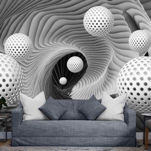 Modern 3D Abstract Geometric Wallpaper Mural – Black and White Tunnel Illusion Wall Covering with Spheres, Peel and Stick Accent Wall Decal
