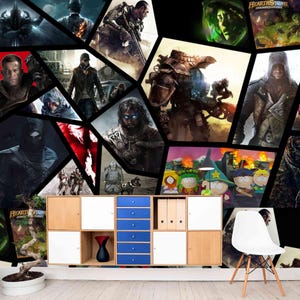 Gaming wallpaper peel and stick mural, gamer room decor, video game collage wallpaper for boys bedroom wallpaper, custom peel and stick game