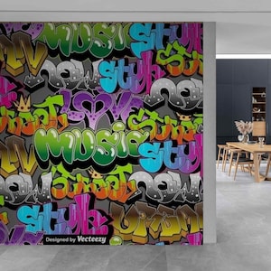 Colorful Graffiti Music Wallpaper – Peel and Stick Street Art Wallpaper, Self-Adhesive Funky Wall Covering for Bedroom Accent Wall Decor