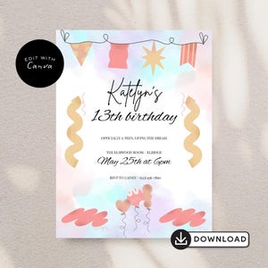 13th birthday party invitation, 13th Printable Editable Invite, Pastel Birthday Party Invitation