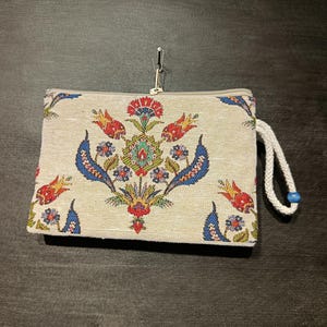 Handgefertigter Gobelin Wandteppich-Geldbeutel - Türkisches Blumendesign Münztäschchen mit Reißverschluss - Elegante Kleine Clutch Tasche