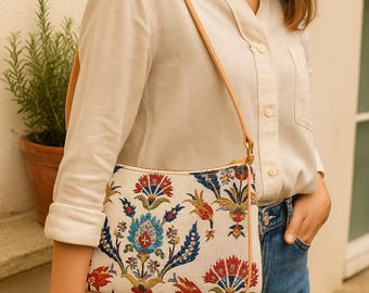 Turkish Gobelin Shoulder Bag – Ottoman Floral Patterned Handmade Purse, Woven Tapestry Crossbody Bag - 19x30 cm