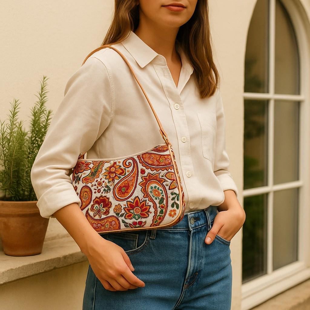 Turkish Gobelin Shoulder Bag – Paisley Floral Tapestry Purse with Beige Strap - 19x30 cm