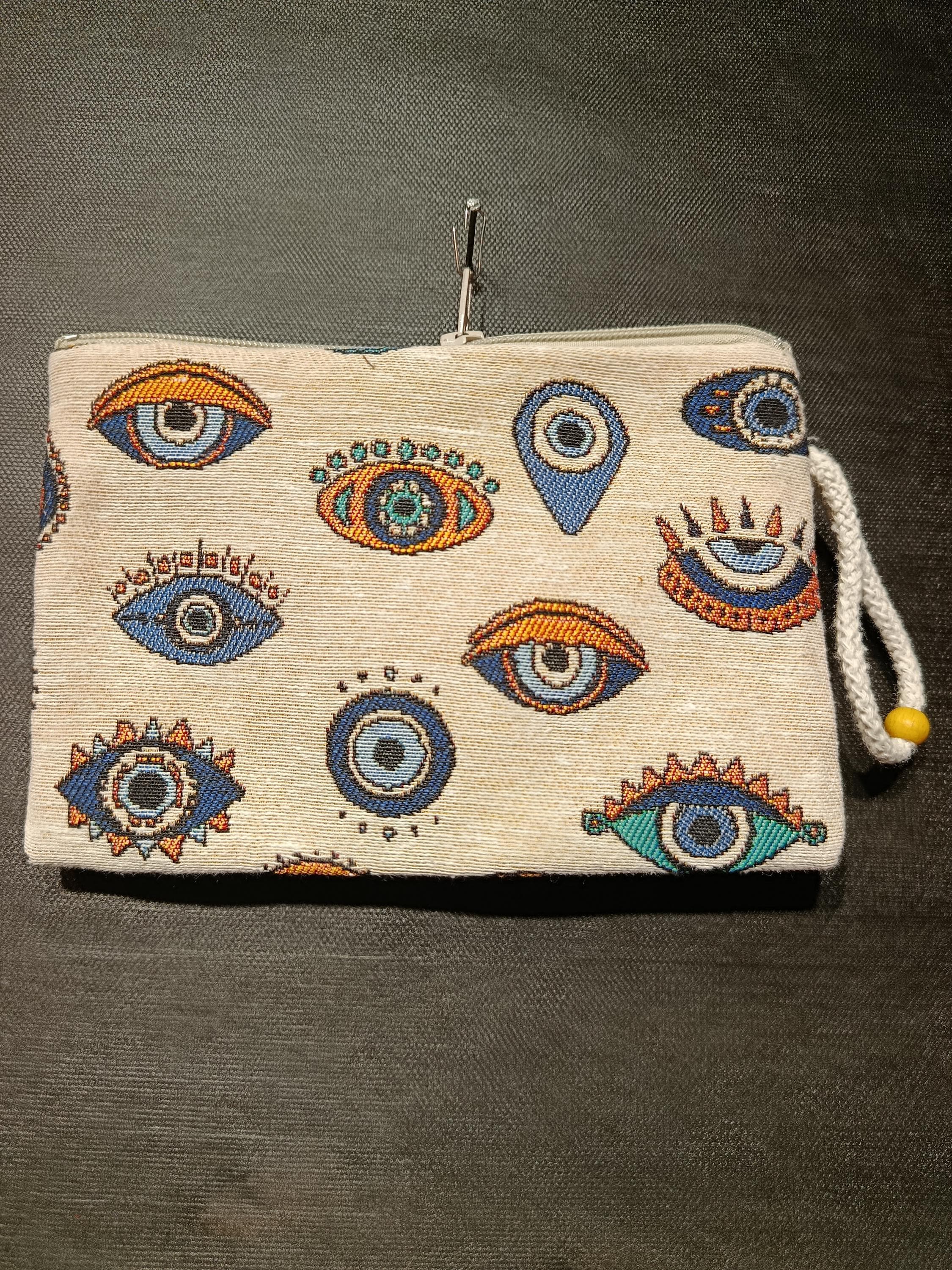 Evil Eye Gobelin Purse – Handmade Protective Symbol Wristlet Bag – Boho Clutch with Talisman Motif