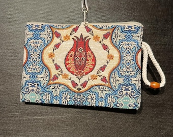 Turkish Gobelin Tapestry Clutch – Pomegranate Motif Zippered Purse with Wrist Strap
