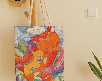 Handmade Cotton Shoulder Bag: Colorful Cat Design