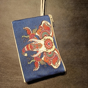 Handgemachte Gobelin Reißverschluss Geldbörse - Blaue Elefant Design Tapisserie Handtasche - Boho Ethnic Mini Clutch
