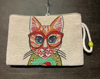 Handmade Cat Tapestry Purse: Small Cotton Blend Bag