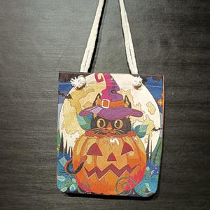 Handmade Halloween Tote Bag: Black Cat Pumpkin Design