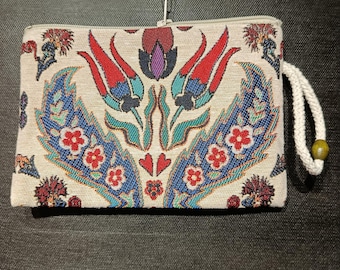 Bolso de mano con estampado de tulipanes otomanos – Estuche con cremallera de tela Gobelin con diseño tradicional turco