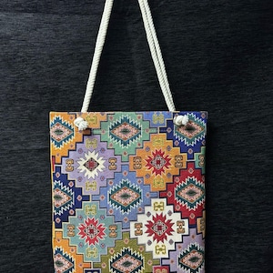 Handmade Cotton Shoulder Bag: Colorful Geometric Design