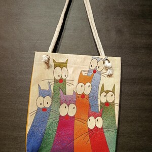 Bolso de mano con diseño de gato de dibujos animados de colores – Divertido bolso de hombro de tela de gobelino – Bolso hecho a mano para amantes de los gatos de Turquía, bolso de hombro