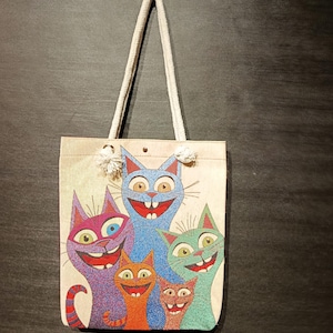 Bolso de mano con gatos sonrientes / Monedero colorido con dibujos de gatos / Divertido bolso de hombro de tela de gobelino / Regalo turco hecho a mano para amantes de los gatos