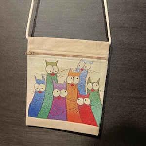 Bolso bandolera con diseño de gato de dibujos animados de colores: bolso tapizado hecho a mano, bolso de hombro de lona de 20 x 25 cm de Turquía