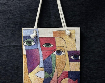 Abstract Face Shoulder Bag: Handmade Cotton Blend Tote
