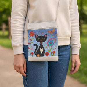 Black Cat Crossbody Bag – Whimsical Floral Canvas Purse, 8&quot;x10&quot; Handmade Shoulder Bag from Türkiye