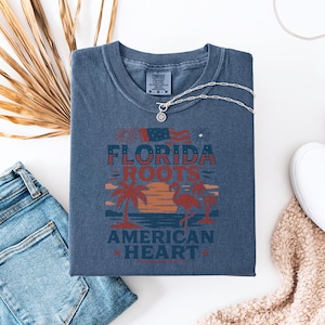 Florida Roots American Heart Shirt  4th of July Flamingo Tee Comfort Colors Florida Sunset T-Shirt USA Patriotic Gift Patriotic Shirt