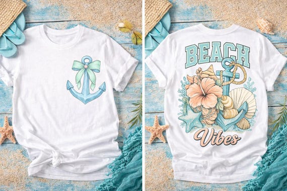Beach Vibes Shirt PNG | Front and Back T-Shirt Design | Summer Beach Shirt Design | Coastal Anchor Shirt | DTF Sublimation PNG