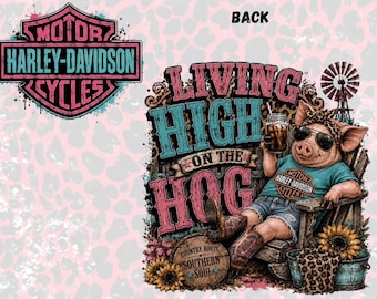 Living High on the Hog PNG, Harley Inspired Southern Girl PNG, Biker Life DTF Transfer, Pink Blue Western Pig Shirt Design, Digital Download