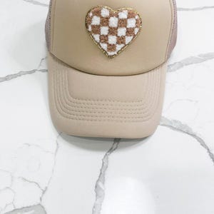 Checkered Heart Taupe Trucker Hat
