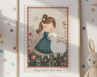 Mary Had a Little Lamb Nursery Rhyme Print, Nursery Rhyme Decor, Whimsical Kids Room Wall Art, Digital Download