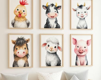 Watercolor Farm Animal Nursery Prints: Barnyard Decor (Digital Download)