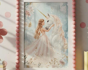 Princess and Unicorn Print, Pastel Fantasy Wall Art (Digital Download)