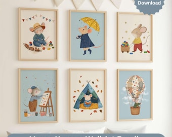 Maus Kinderzimmer Wandkunst Set, Bilderbuch Spielzimmer Drucke, Kinder Schlafzimmer Kunst, Junge Kinderzimmer Dekor, digitaler Download