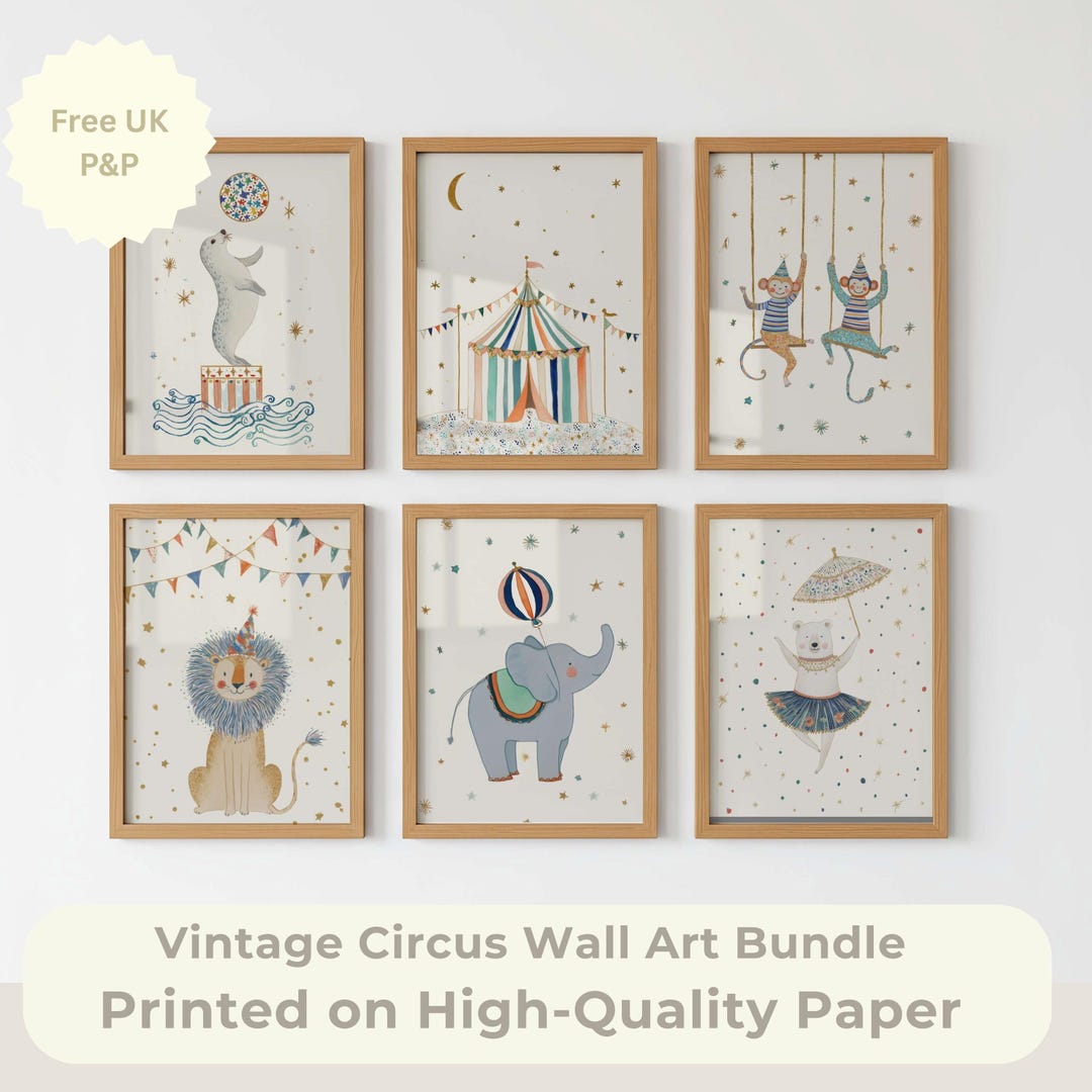 Circus Animal Nursery Art, Vintage Storybook Prints, Set of 6, Kids ...