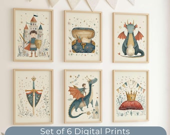 Decoración de pared infantil con temática de cuento de hadas, 6 láminas digitales para descargar, Castillo del Caballero Dragón para dormitorio de niños, Regalo para baby shower de niño pequeño