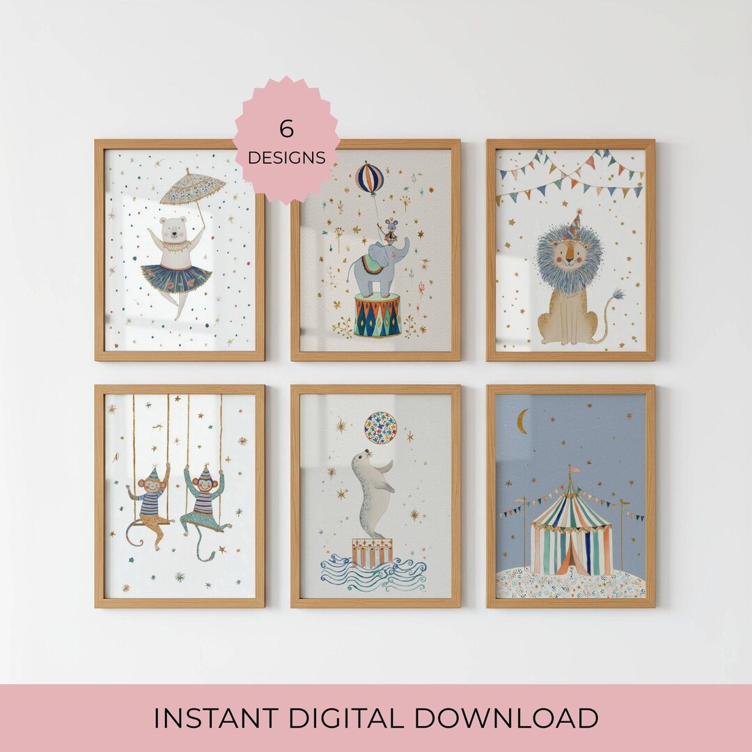 Circus Theme Nursery Prints Six Design Bundle Vintage Wall Art for Kids ...