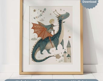 Drachen Kinderzimmer Dekor, Ritter Märchen Wandkunst, lockiges blondes Haar Ritter, Jungen Schlafzimmer Digital Download, mittelalterliche Burg Kinderzimmer Druck