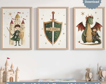 Personalisierte Märchen Kinderzimmer Wandkunst, Drache und Ritter Digital Download, mittelalterliche Jungen Schlafzimmer Dekor, Schild Name Print